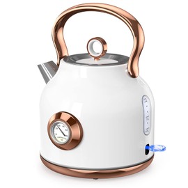 NESSGRAIM Retro Electric Kettle, 1.7L Stainless Steel Tea Kettle with Large Temperature Gauge, 1500W Fast Heating Hot Water Boiler with LED Indicator, Auto Shut-off & Boil-Dry Protection-Elegant White