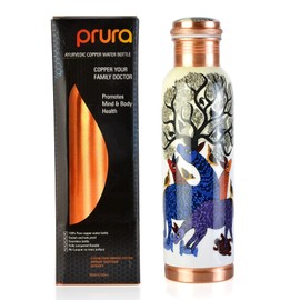 PRURA Pure Printed Copper Water Bottle - Leak Proof Ayurvedic Drinkware Copper Vessel for Sports, Gym, Outdoors, Yoga, Health Benefits (32 oz)