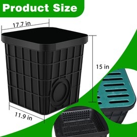 Large Drainage Catch Basin with Fiber Glass Grate and Debris Basket, French Drain Catch Basin with No Pre-Drilled Holes for Patios, Downspouts, Lawns, Municipal Plumbing (18x18x15 in)