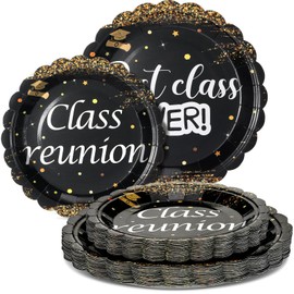 Havawish 60 Pcs Class Reunion Party Decorations Black Gold Reunion Paper Plates Best Class Ever Scalloped Plates Graduation 40th 50th Anniversary Gathering Party Supplies