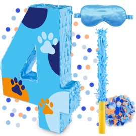 16 Inch Number 4 Dog Paw Pinata with 16 Inch Piñata Stick Blindfold Confetti for Boy Girl Kids 4th Birthday Party Decorations (4th)