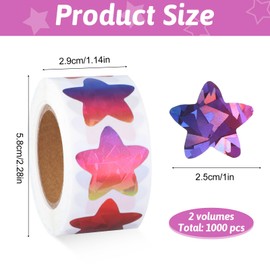 1000Pcs Foil Star Stickers 1 inch Holographic Star Stickers for Reward Self-Adhesive Colorful Stars Incentive Sticker Roll for DIY Crafts Envelope Birthday and Classroom Teacher Reward Supplies