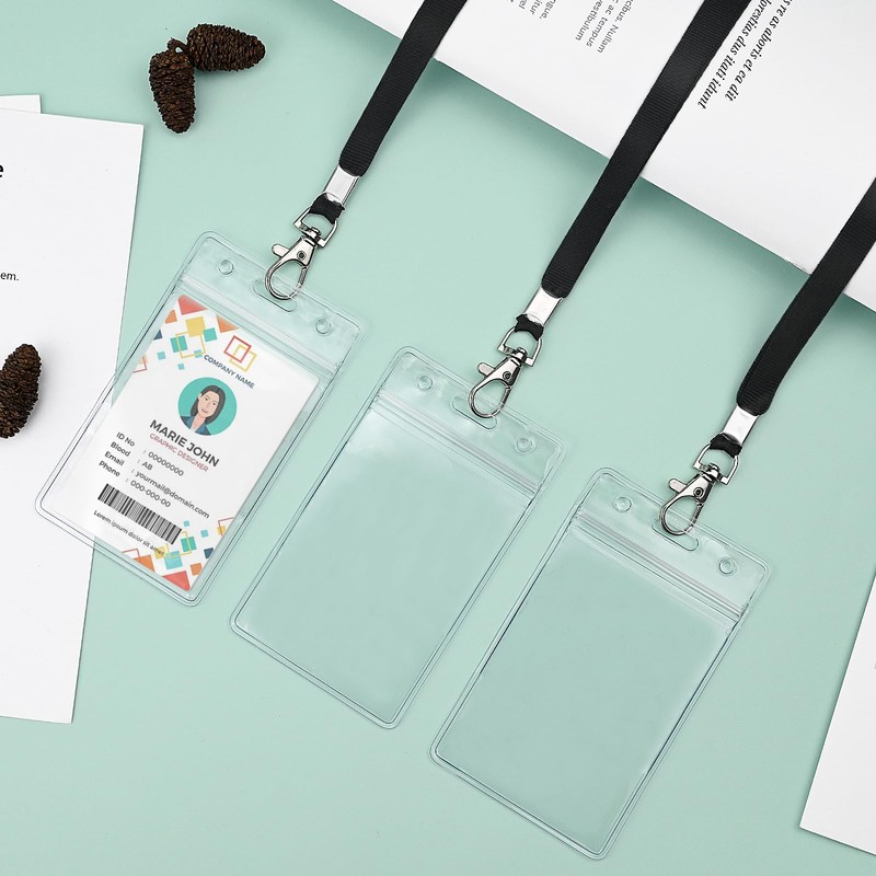 3 Pack Clear ID Badge Holder with Lanyard Black Neck