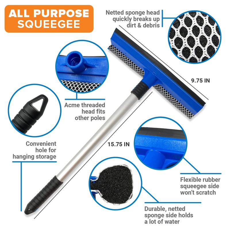Window Squeegee with Long Handle and Scrubber, for Car, Boat,