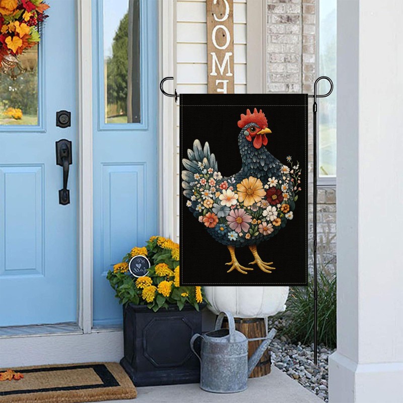 Floral Chicken Garden Flag 12x18 Inch For Outdoor Decor