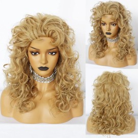 Anogol Wig Cap+ Disco Wig Women Long Curly Blonde Synthetic Wigs for 80s Wig Cosplay