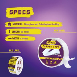ATack Carpet Tape for Area Rugs and Carpets, Removable, 2 Inches x 30 Yards, Ideal for Stair Treads, Rugs, Carpets Over Carpets or Delicate Hardwood Floors