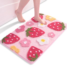 Anybar Pink Bathroom Rugs Cute Strawberry Flower Bath Mat Bathroom Accessories, Funny Colorful Non Slip Floor Bath Rug Machine Washable Bathmat Soft Microfiber Carpet for Shower, Bathtub (18x25 inch)