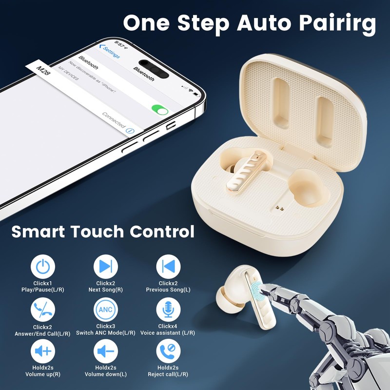 QJF Wireless Earbuds with Smart Touch Screen Bluetooth in-Ear Headphones