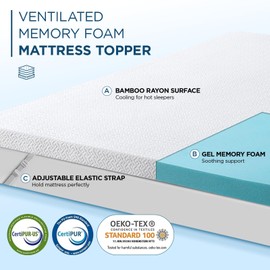 3 Inch Gel Memory Foam Mattress Topper Full Size, High Density Ventilated Memory Foam Bed Mattress Topper for Back Pain,Non-Slip Design with Removable Bamboo Cover