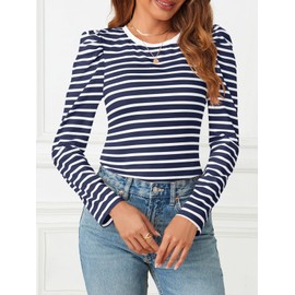 MEROKEETY Women's Puff Long Sleeve Striped Tops Crew Neck 2025 Fall Casual Knit Basic Tee Shirts, Navy, Large