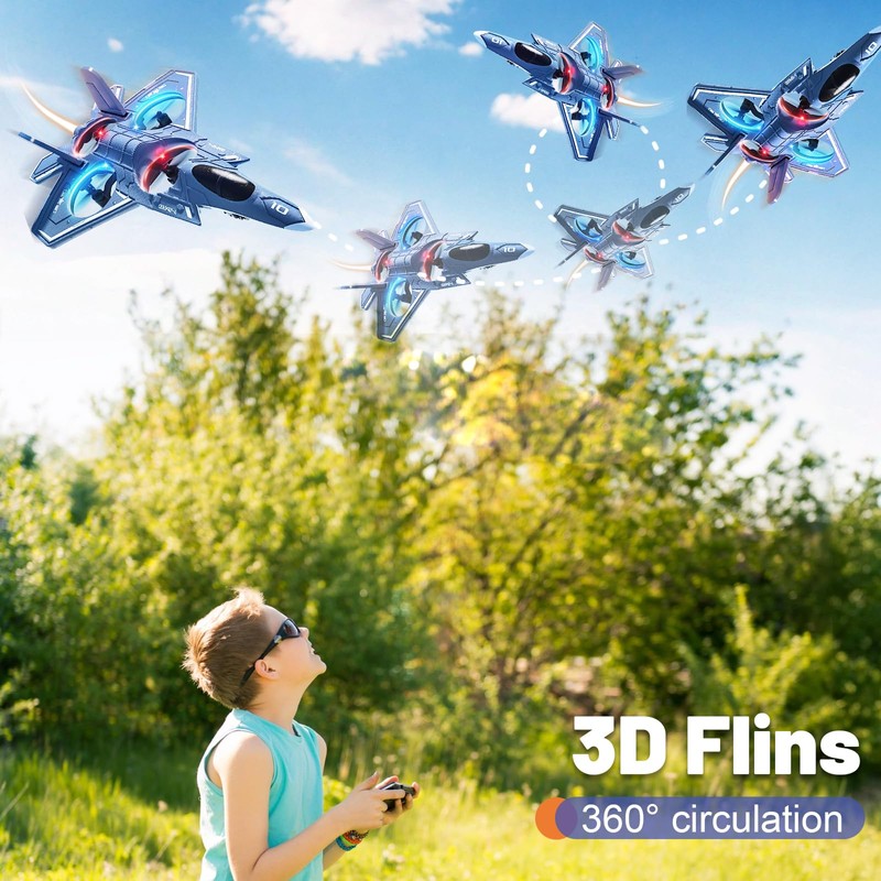 ENJOYFLY Foam Remote Control Airplane, LED Fighter Jet with 360°