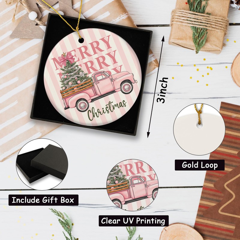 Pink Truck Merry Christmas Ceramic Hanging Ornament Gifts