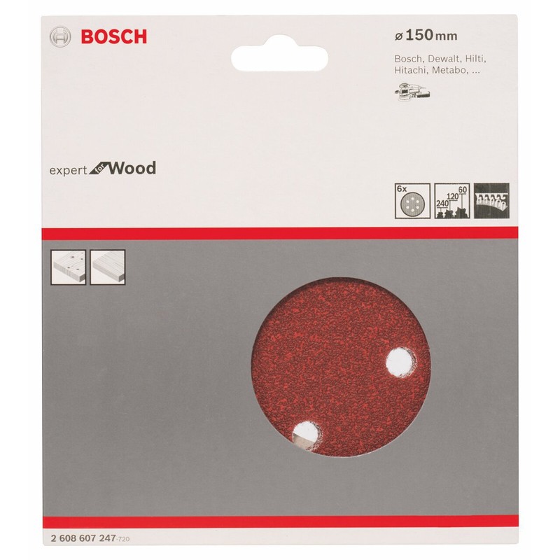 Bosch 2608607247 Sanding Discs, Wood Velcro, 6 Hole, 150mm Ø,