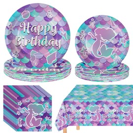 76 Pcs Mermaid Birthday Decorations - Mermaid Party Supplies Set Includes Plates, Napkins and Tablecloth, Mermaid Themed Birthday Tableware for Kids Girls Baby Shower Ocean Party Decorations,Serves 25