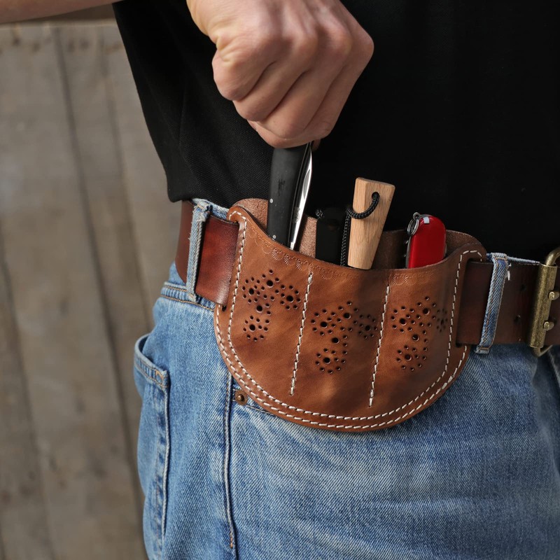 TOURBON Leather Pocket Tool Belt Pouch 3 Slots EDC Multitool