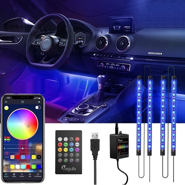 Car Interior Lights, Megulla Music Sync Bluetooth App Controlled 5v Car RGB Light Strip, 16 Million Colors 4pcs Multi Color Car LED Strip Lights, Remote Control Under Dash Lighting Kit