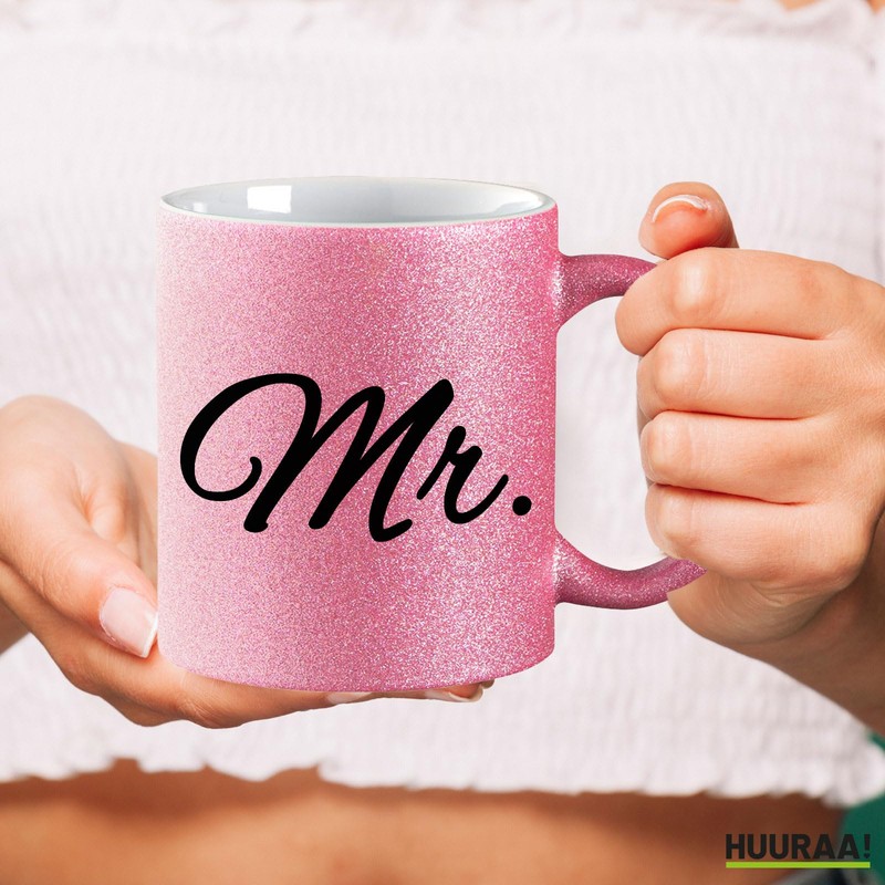 Huuraa Glitzer Kaffeebecher Mr. Schriftzug Geschenk 330ml Pink Mr. Mitbringsel