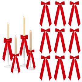 Meseey 12 Pcs Red Candlestick Decoration Bows Candle Holder with 5X13.5 Inch Decorative Velvet Bows for Bridal Showers, Birthdays Centerpieces Table Decor(Red)