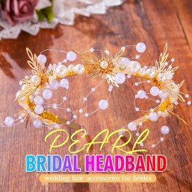 BARTOSI Pearl Headband Gold Bridal Headbands Beaded Headpiece Bride Wedding Hair Accessories for Women and Girls