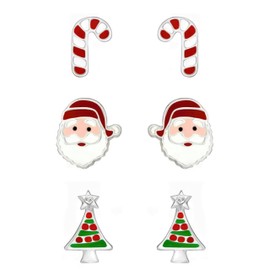 Christmas Set .925 Sterling Silver Tiny Stud Earrings Holiday Collection 3 Pairs (Hypoallergenic)
