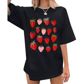 AMWIPE Strawberry Tshirt for Women Oversized Strawberries Graphic Shirt Cute Fruit Graphic Tee Fruit Lovers Tops