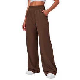 Ewedoos Wide Leg Pants Woman Lightweight Sweatpants Travel Track Work Yoga Dress Pants High Waisted with Pockets Casual Brown