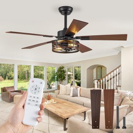 Farmhouse Ceiling Fans with Light, 48 Inch Bedroom Ceiling Fan with Lights, 6-Speed Adjustable, Quiet and Reversible DC Motor, Dual Finish 5 Blades, Rustic Caged Ceiling Fan for Living Room