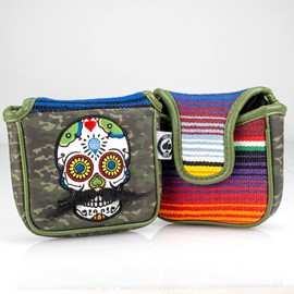 Pins & Aces LE Sugar Skull Mustache Mallet Putter Head Cover - Premium, Hand-Made Leather Putter Headcover - Funny, Tour Quality Golf Club Cover - Style and Customize Your Golf Bag (Green Camo)