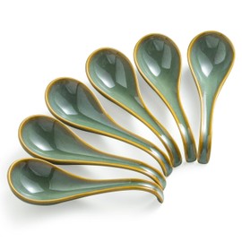Gomakren Soup Spoons Set of 6, Asian Soup Spoons 6.5 Inch Ramen Spoons, Ceramic Chinese Spoon Set for Soup, Cereal, Pho, Noodles, Dumpling, Miso, Wonton, Dishwasher Safe, Blue-Green