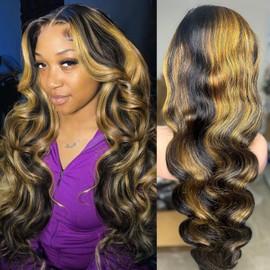 soeyrkke 13x6 Ombre Lace Front Wig Human Hair Pre Plucked 200% Density HD Transparent Frontal Human Hair Wigs for Women Bleached Knots with 1b/27 Color Baby Hair 22inch