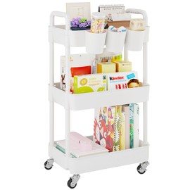 UDEAR 3-Tier Rolling Utility Cart,Multifunctional Storage Shelves with Handle and Lockable Wheels for Room,Office,Kitchen,Bathroom,with 3 Hanging Cups,White