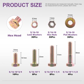 Swpeet 120Pcs 5/16"-18 x 3/4" to 1-1/2" 5 Sizes Grade 8 USS Nut Bolts Assortment Kit, Heavy Duty Bolt Nut and Washer Assortment Coarse Thread Hex Head Cap Screws Bolt Flat and Lock Washer