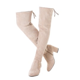 N.N.G Over the Knee Boots for Women Cream Size 10 Lace Up Suede Thigh High Fashion Block Winter Long OTK Stretch Ladies Pointed Toe