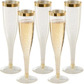 CHATEAU FINE Plastic Champagne Flutes, 6.5 Oz Glasses with Gold Rim & Glitter Gold Mimosa Design, Brunch Decor, Disposable