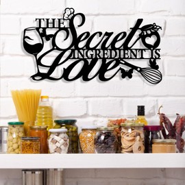 The Secret Ingredient is Love Metal Wall Art Sign, Farmhouse Dining Room Kitchen Wall Decor Housewarming Gift Counter Pantry Sign (Black, 8.8x16 inches)