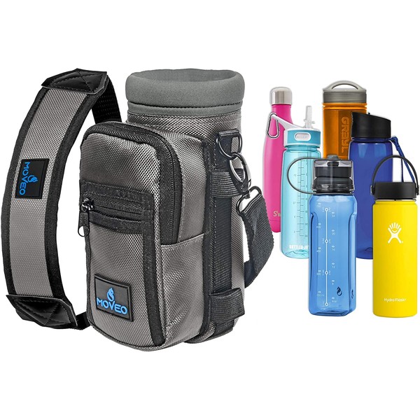 Water Bottle Holder Carrier - Bottle Cooler w/Adjustable Shoulder Strap and Front Pockets - Suitable for 16 oz to 25oz Bottles - Carry Protect & Insulate Your Bottle or Hydro Flask (Gray)