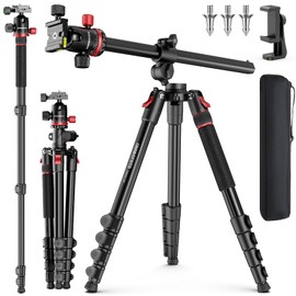 68" Horizontal Overhead Tripod for Camera, Aluminum Camera Tripod with Ball Head for Macro & Overhead Shooting, Detachable Monopod, 1/4" Arca QR Plate, 33lb Load Capacity
