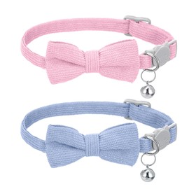2 Pcs Kitten Collars, Soft Corduroy Small Cat Collar with Bell and Bow Tie, Adjustable Breakaway Safety Kitten Collars for Pets (Pink and Light blue)