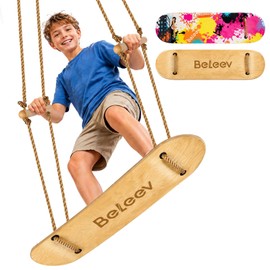 BELEEV Skateboard Swing for Kids & Adults, 31 Inch Stand Up Tree Swing with Adjustable Wooden Handles & Ropes, Grip Tape Deck, 2 Tree Straps, Balance Training, Up to 200 lbs, Ages 6+ (Classic Wood)