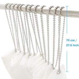 Stainless Steel Shower Curtain Hooks, 55 Inch Ball Chain Design, 12 Pack Rust-Resistant Metal Curtain Rings for Bathroom Rods, Heavy Duty 4.5mm Shower Curtain Hangers