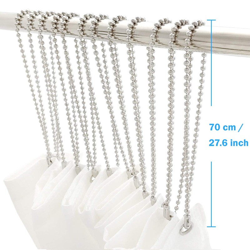 Stainless Steel Shower Curtain Hooks, 55 Inch Ball Chain Design,