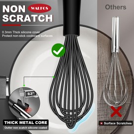 Walfos Silicone Whisk With 8in Rest,Whisks for Cooking Non Scratch,7.5+9+11in Whisk for Nonstick Cookware,Dishwasher Safe,Rest for Kitchen Counter Wisk Perfect for Blending, Baking, Beating, Set of 4