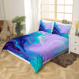 Feelyou Marble Printed Bedding Set for Girls Boys Children Abstract Art Comforter Cover Decorative Modern Bright Duvet Cover Purple Teal Bedspread Cover Full Size 3Pcs Bedclothes
