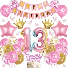 batnite Luftballon 13. Geburtstag Mädchen Rosa - Happy Birthday Banner und Riesen Bunt Folienballon Zahl 13, 3D Schmetterlinge und Tortendeko Geburtstagsdeko Ballon für 13 Jahre Geburtstag Deko