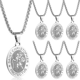 Misdary 6 Pcs Saint Christopher Necklace St Christopher Medal Metal Patron Saint Necklace Amulet Medal Pendant Religious Protector Jewelry Gifts for Women Men
