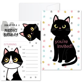 ZSHFMY Black Cat Birthday Invites Cards For Girls Boys, Kitten Birthday Party Invitations For Kids, 20 Birthday Invitation Cards With Envelopes, Cat Themed Birthday Party Supplies - Ty05
