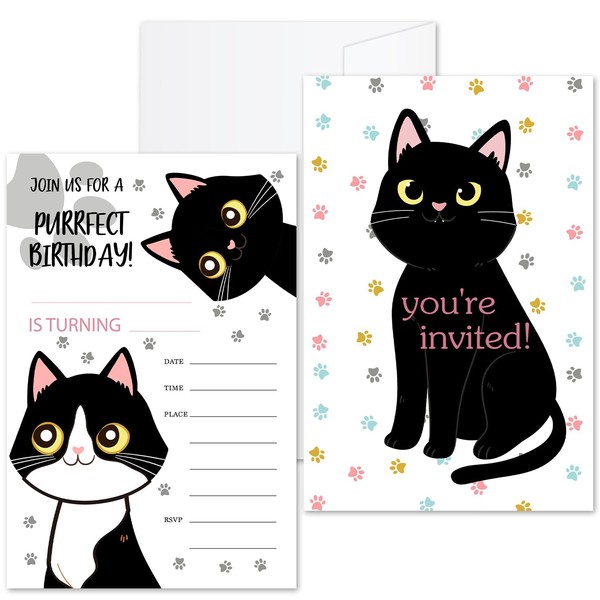 ZSHFMY Black Cat Birthday Invites Cards For Girls Boys, Kitten