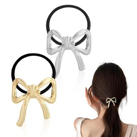 Hair Ties for Women Bow Hair Tie Metal Bowknot Hair Scrunchies for Women's Hair Accessories with Bow Elastic Hair Bands for Women Girls Fashionable Ponytail Holder with Bowknot 2PCS