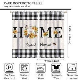 JanJCurt Farmhouse Sunflower Curtains, Rustic Vintage Summer Yellow Floral Blossom Wooden Board Black White Buffalo Plaid Window Curtains for Kitchen Living Room Bedroom, 42x45 Inch (No Blackout)